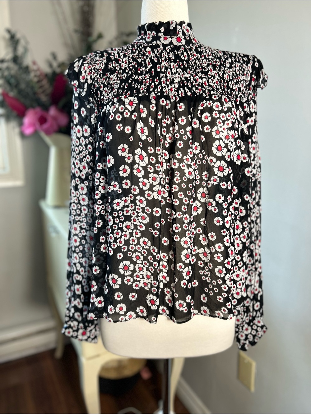 : The Kooples Daisy Print Smocked Peplum Blouse Black Red NWT Small